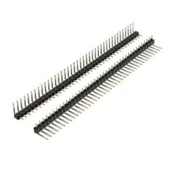 40 Pin 90 Degree Right Angle Male Header Break Away Bent Header - two black plastic strips with 40 rows of right-angled metal pins.