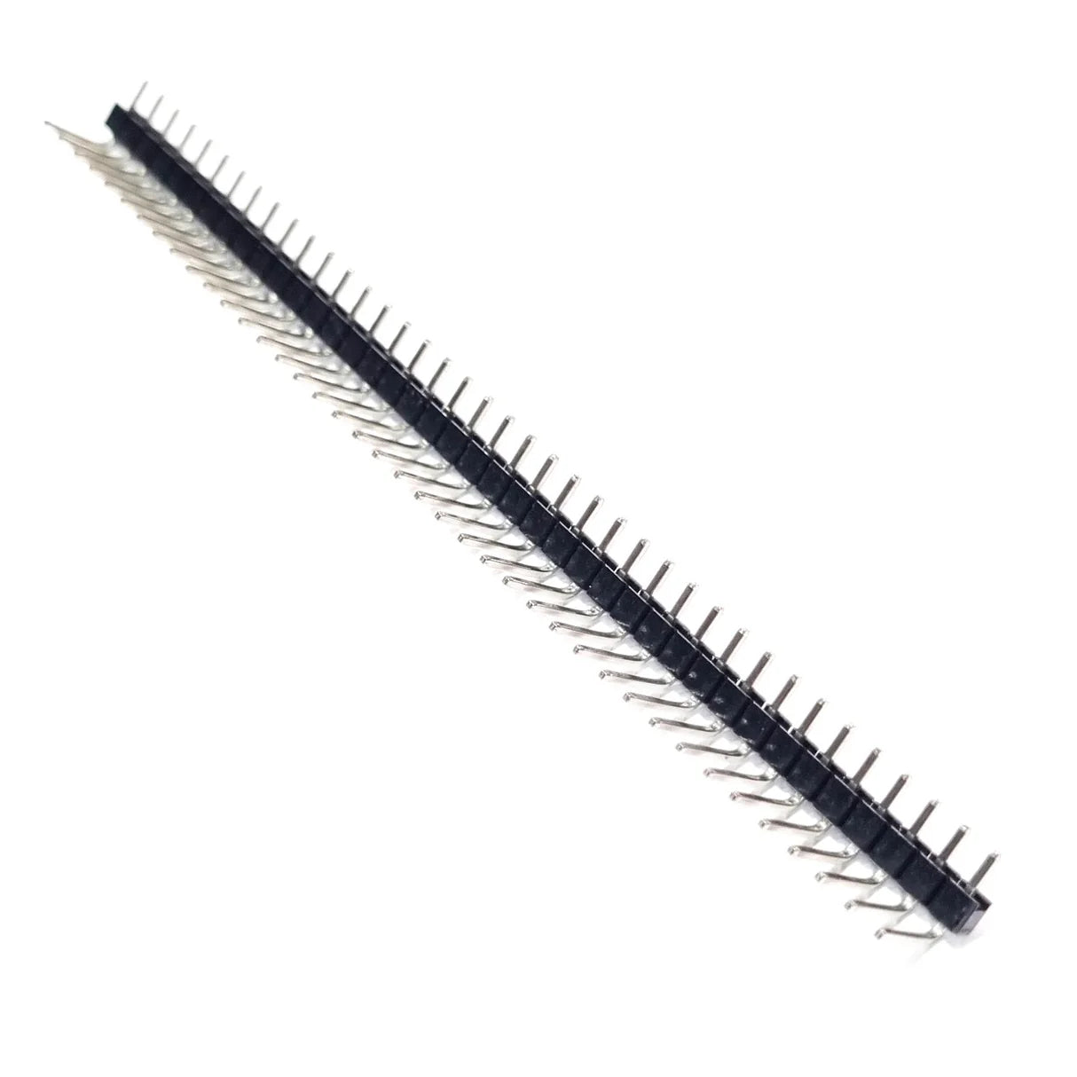 40 Pin 90 Degree Right Angle Male Header Break Away Bent Header - a single long black plastic strip with forty silver-colored metal pins bent at 90 degrees.