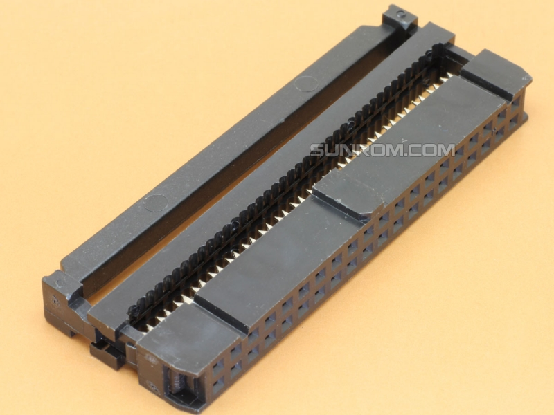 40 Pin Female IDC Connector - a black plastic ribbon cable connector with two rows of internal metal contact pins, shown from an angled perspective.