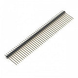 40 Pin Male Header Stackable Long - a single row of 40 black plastic-mounted metal pins with long leads on a white background.