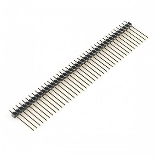 40 Pin Male Header Stackable Long - a single row of 40 black plastic-mounted metal pins with long leads on a white background.