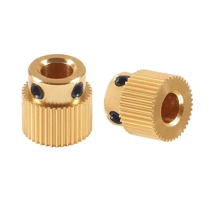 40 Tooth Gear Brass Extruder Wheel Gear for Printer Cr-10 CR-10S S4 S5 Ender 3 Pro - shown as two brass, cylindrical, toothed gears with two small black set screws on each.