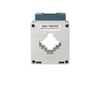 400 Amp To 5 Amp Current Transformer - a grey square-shaped electrical component with a central circular opening and a blue terminal block on top.