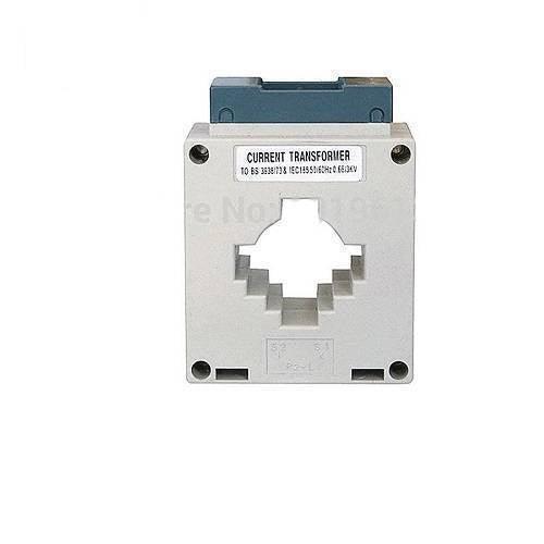 400 Amp To 5 Amp Current Transformer - a grey square-shaped electrical component with a central circular opening and a blue terminal block on top.