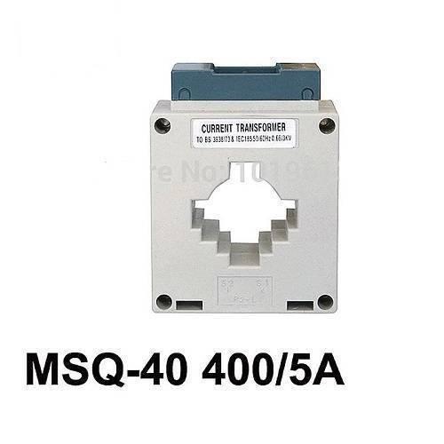 400 Amp To 5 Amp Current Transformer - a square grey electrical component with a central opening and a top terminal block labeled with technical text.