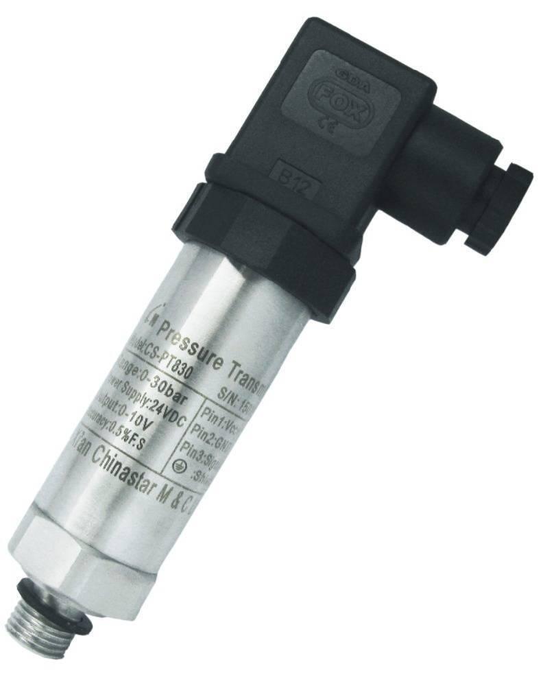 400 Bar 0 To 5V Hydraulic Pressure Sensor GPT230 - a silver cylindrical pressure transmitter with a black right-angle electrical connector attached.