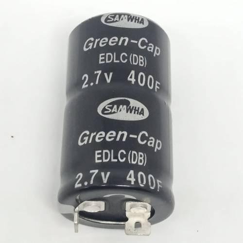 400F 2.7V DC Supercapacitor Battery High Frequency Ultra Capacitor For Auto Power Supply - a black cylindrical EDLC unit with two metal terminals at the base and printed specifications on its side.