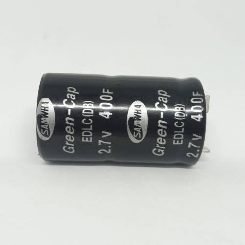 400F 2.7V DC Supercapacitor Battery High Frequency Ultra Capacitor For Auto Power Supply - a black cylindrical electronic component with two metal terminals, printed with Samwha Green-Cap and specification text.