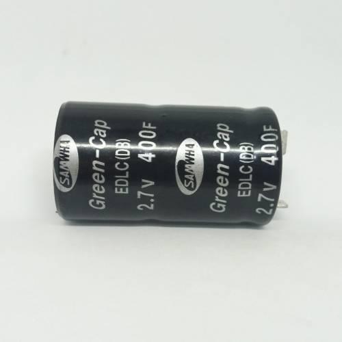 400F 2.7V DC Supercapacitor Battery High Frequency Ultra Capacitor For Auto Power Supply - a black cylindrical electronic component with Samwha Green-Cap branding and specifications printed on its side.