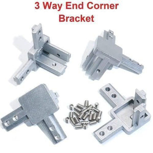 4040 Size 3 Way End Corner Bracket Connector For t Slot Aluminum Extrusion Profile - four silver metal corner brackets and a pile of small threaded set screws.
