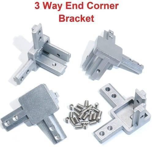 4040 Size 3 Way End Corner Bracket Connector For t Slot Aluminum Extrusion Profile - four silver metal corner brackets and a pile of small threaded set screws.