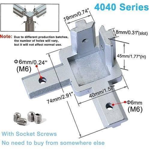 4040 Size 3 Way End Corner Bracket Connector For t Slot Aluminum Extrusion Profile - shown in a silver-toned dimension diagram with included socket screws and an assembly inset.