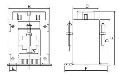 40A Ct 40amp Current Transformer - the front and side profile dimensions labeled with letters A through F.