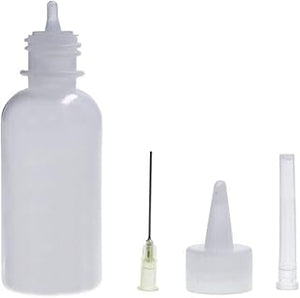 40ML Empty E-liquid plastic rosin flux Alcohol Bottle - shown with a translucent bottle, a metal needle tip, a wide nozzle cap, and a narrow cap.