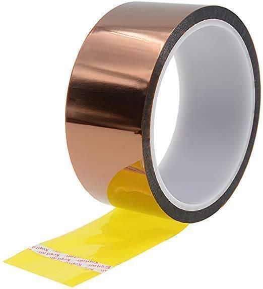 40mm Kapton Tape Polyimide Heat Resistant Tape - a roll of brown, glossy, heat-resistant adhesive tape with a yellow backing strip.