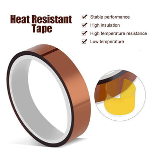 40mm Kapton Tape Polyimide Heat Resistant Tape - shown as a brown roll with a circular inset highlighting a small, translucent yellow piece of the tape.