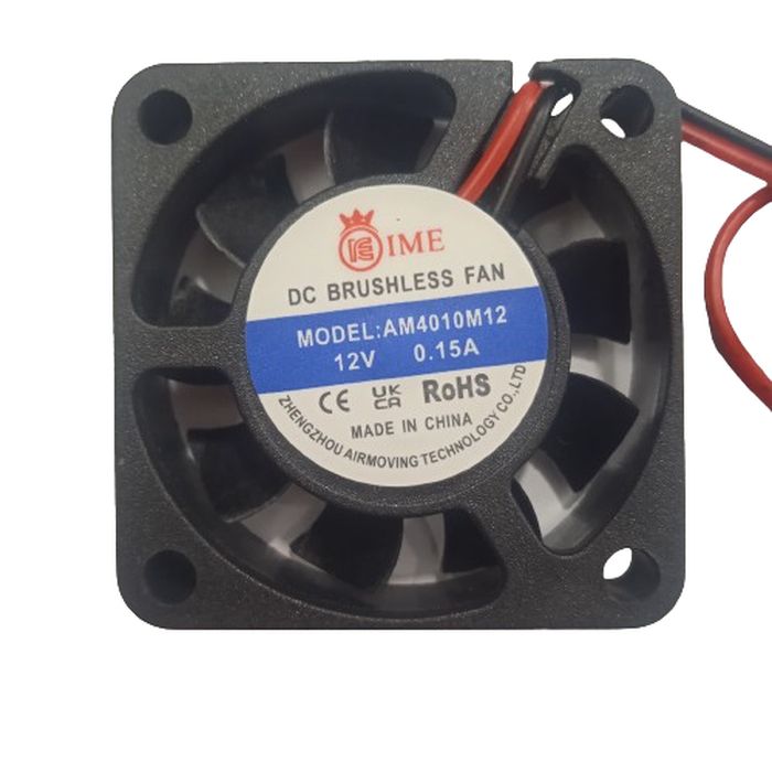 40mm X 40mm X 10mm 4010 12V 0.15A DC Brushless Ball Bearing Cooling Fan 2pin - a square black fan with a central label showing the model number, voltage, and current, and two power wires.