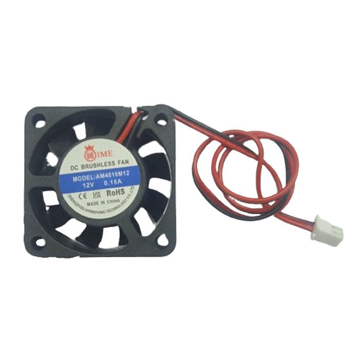 40mm X 40mm X 10mm 4010 12V 0.15A DC Brushless Ball Bearing Cooling Fan 2pin - a black square fan with a 2-pin connector and a label showing specs.