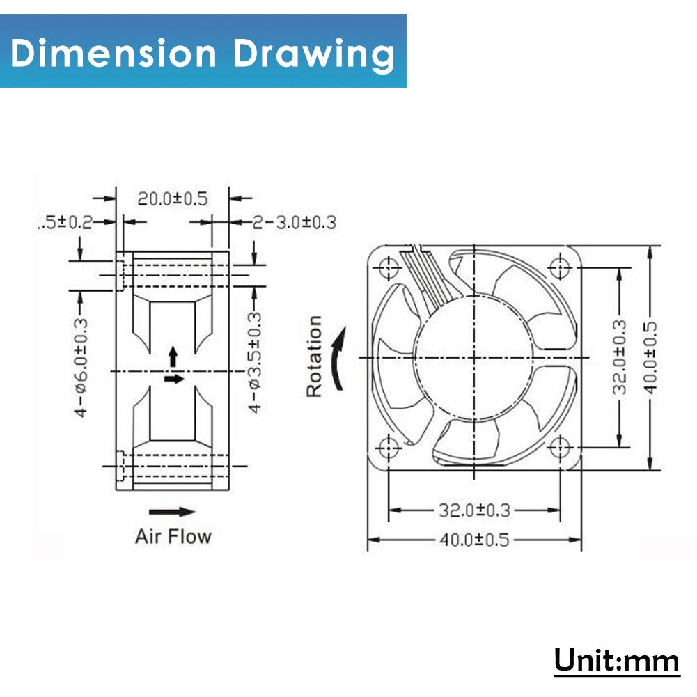 40mm X 40mm X 20mm 24V DC Brushless Small Mini Axial Cooling Fan 3d Printer Fan - dimension drawing showing technical schematics and measurements in mm.