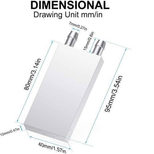 40mm x 80mm Aluminium Water Cooling Block For Liquid Water Cooler Heat Sink System - shown in a technical dimension diagram with labels indicating its size in millimeters and inches.