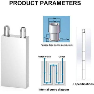 40mm x 80mm Aluminium Water Cooling Block For Liquid Water Cooler Heat Sink System - the silver block with two nozzles, a nozzle dimension diagram, and an internal water flow path diagram.