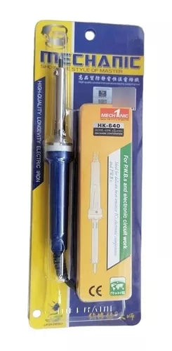 40W Hk-640 Mechanic Soldering Iron - its original blue and yellow retail packaging, showing the iron with a blue handle and metal tip.