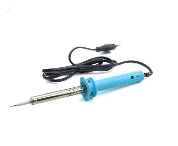 40W Soldering Iron - with a blue handle, a metallic heating element, and a black power cord with a two-pin plug against a white background.