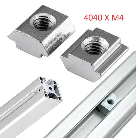 40XM4 Slot Nut Sliding Nut For 4040 Aluminum Extrusion Hammer Head Drop In Connector - two silver hammer-head sliding nuts and an aluminum extrusion profile with one nut inserted into the slot.