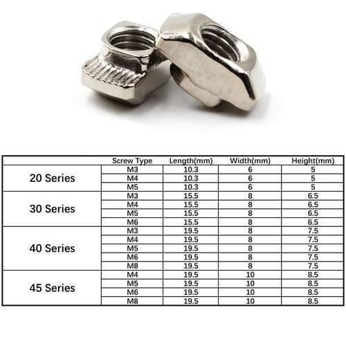 40XM5 T Slot Nut M5 Thread For 40 Series European Aluminium Profile Nickle Plated Hammer Head Type T Nut - two silver-colored hammer head T-nuts shown above a table listing dimensions for various series of T-slot nuts.