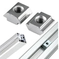 40XM6 Slot Nut Sliding Nut For 4040 Aluminum Extrusion Hammer Head Drop In Connector - two silver hammer-head nuts and an aluminum extrusion profile with one nut inserted.