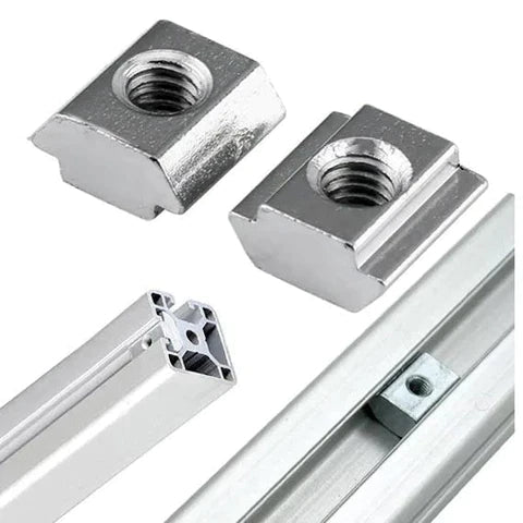 40XM6 Slot Nut Sliding Nut For 4040 Aluminum Extrusion Hammer Head Drop In Connector - two silver hammer-head nuts and an aluminum extrusion profile with one nut inserted.
