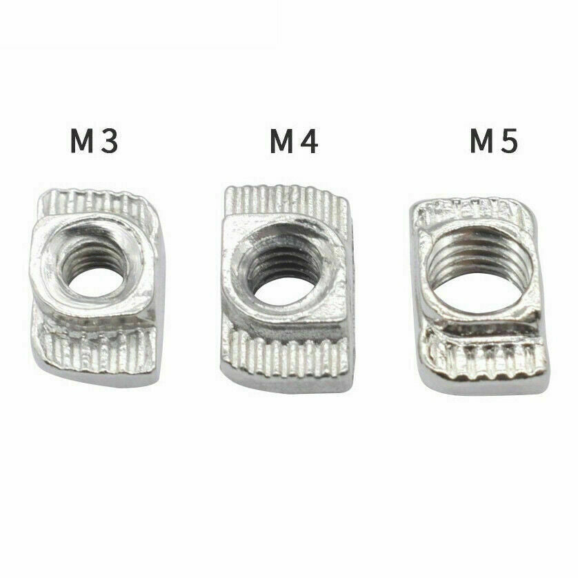 40XM6 T Slot Nut M6 Thread For 40 Series European Aluminium Profile Nickle Plated Hammer Head Type T Nut - three silver-colored metal T-nuts of varying sizes labeled M3, M4, and M5, shown in a studio product view.