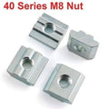 40XM8 Slot Nut Sliding Nut For 4040 Aluminum Extrusion Hammer Head Drop In Connector - 40 Series M8 Nut, showing four silver-colored, rectangular metal sliding nuts with central threaded holes, arranged on a white background.