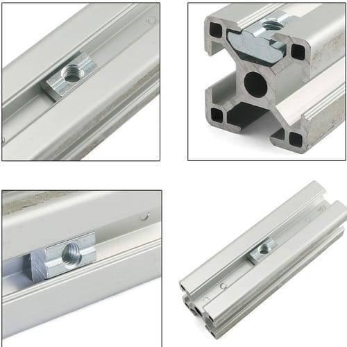40XM8 Slot Nut Sliding Nut For 4040 Aluminum Extrusion Hammer Head Drop In Connector - shown in a four-panel collage illustrating the silver metal nut inserted into aluminum profiles.
