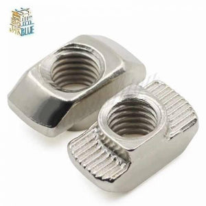 40XM8 T Nut Sliding T Nut Hammer Drop In Nut Fasten Connector M8 Series - two silver-colored metal T-nuts with threaded centers and grooved edges shown in a close-up view.