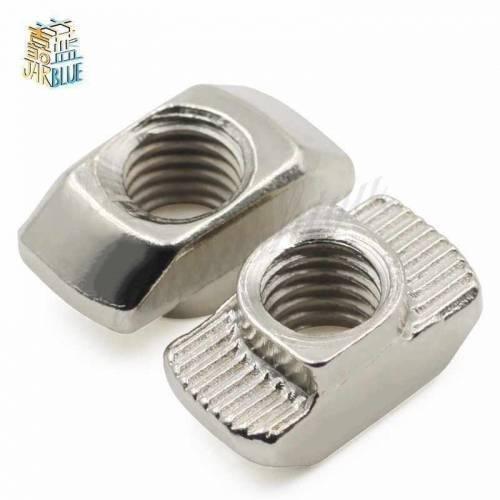 40XM8 T Nut Sliding T Nut Hammer Drop In Nut Fasten Connector M8 Series - two silver-colored metal T-nuts with threaded centers and grooved edges shown in a close-up view.