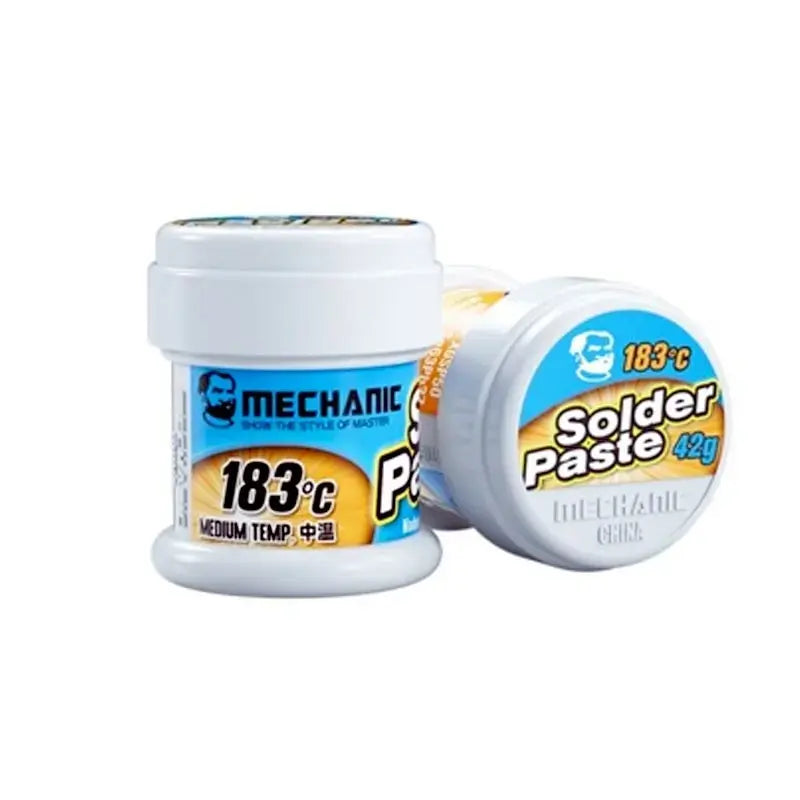 42G Mechanic XGSP50 Soldering Tin Solder Paste Flux - shown as two white cylindrical plastic jars with blue labels reading 183°C and 42g.