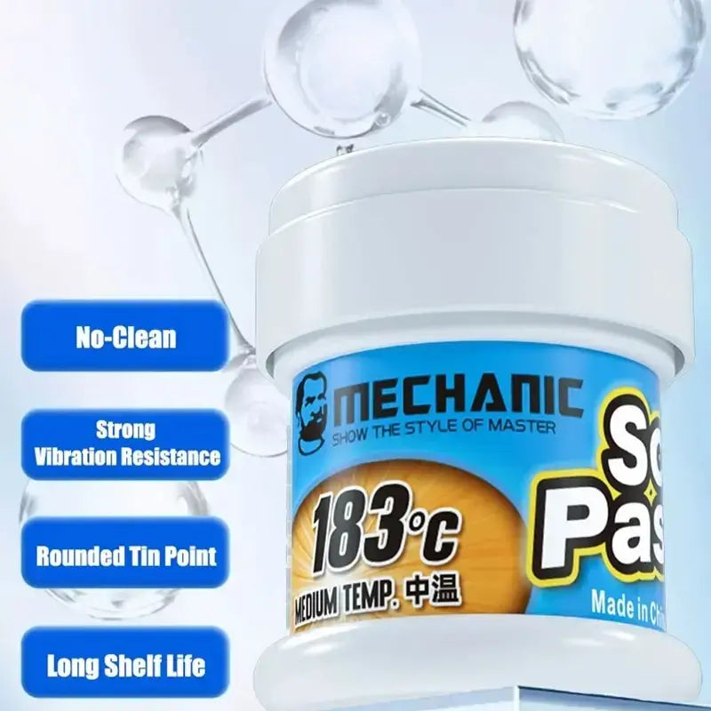 42G Mechanic XGSP50 Soldering Tin Solder Paste Flux - with blue labeling, featuring 183°C and product feature text overlays.