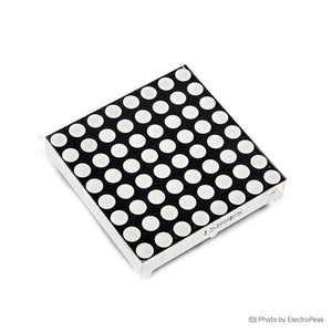 42MMX42MM 8x8 red dot matrix - a square electronic component featuring an 8x8 grid of circular white light-emitting diodes on a black surface.