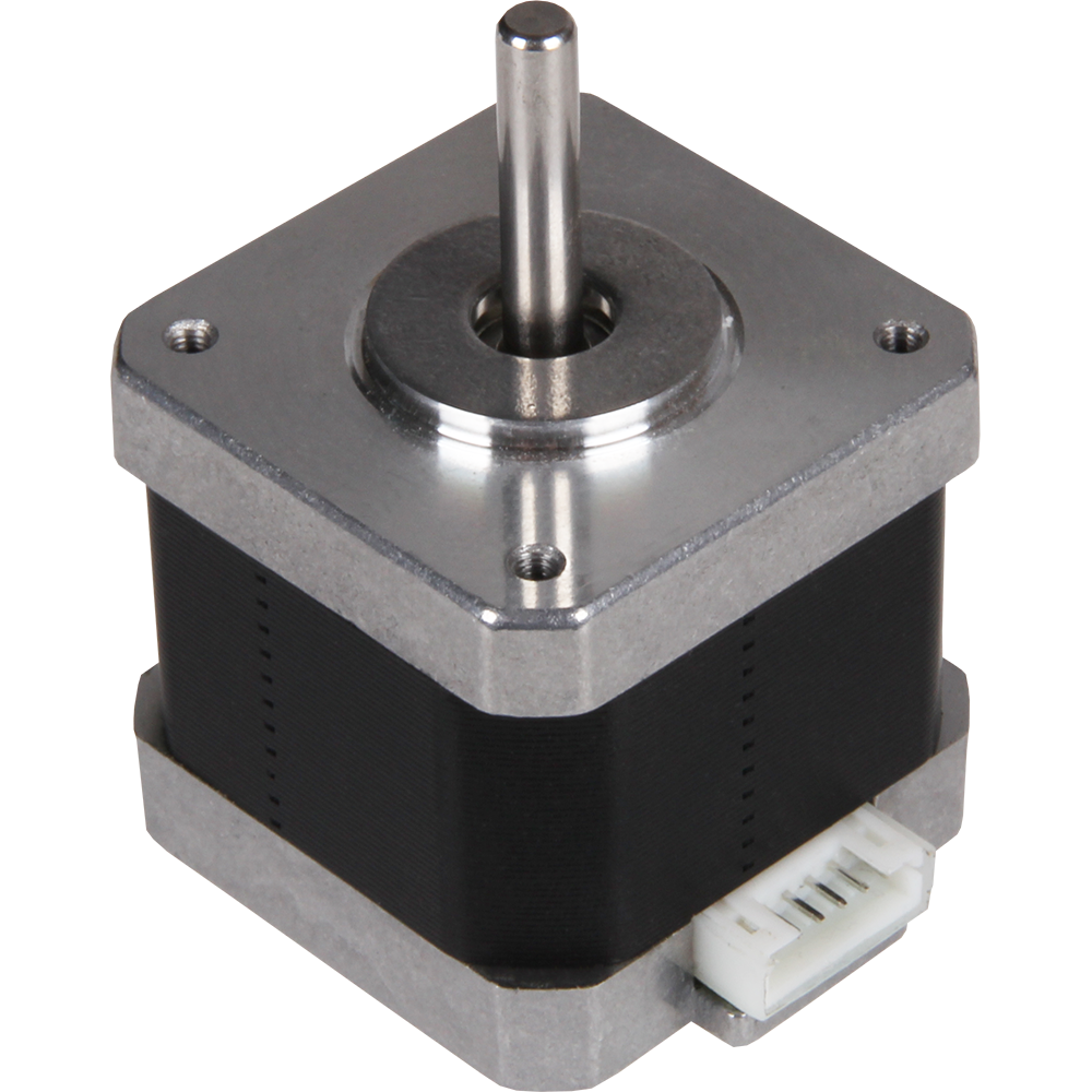 42SHD0217-24B High Torque NEMA 17 Stepper Motor For CNC And Robotics - a silver and black square stepper motor with a central metal shaft and a white four-pin connector.