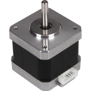 42SHD0217-24B High Torque NEMA 17 Stepper Motor For CNC And Robotics - a silver and black square stepper motor with a central metal shaft and a white four-pin connector.