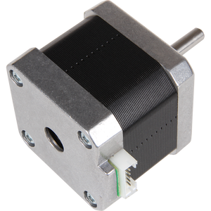 42SHD0217-24B High Torque NEMA 17 Stepper Motor For CNC And Robotics - a silver and black square motor with a metal shaft and a white four-pin electrical connector.