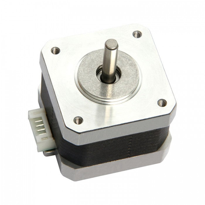42SHD0217-24B High Torque NEMA 17 Stepper Motor For CNC And Robotics - a silver and black square stepper motor with a central metal shaft and a white four-pin connector.