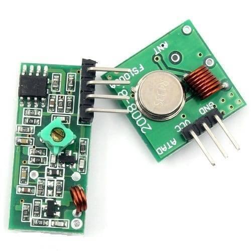 433MHz RF Transmitter Receiver Module Male Pin FS1000A - shown as two connected green circuit boards with copper coils, a silver resonator, and pins.