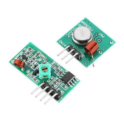 433MHz RF Transmitter Receiver Module Male Pin FS1000A - two green circuit boards with copper coils, a silver metal component, and male pin headers.