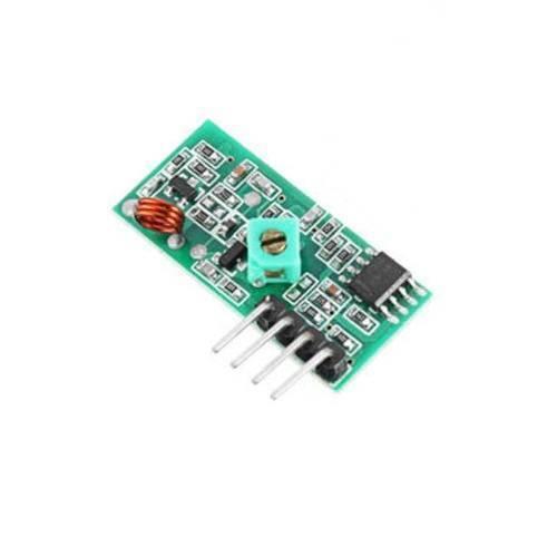 433MHz RF Transmitter Receiver Module Male Pin FS1000A - shown as a green rectangular circuit board with a copper coil, a green adjustable potentiometer, and four pins.