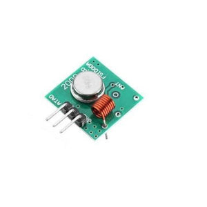 433MHz RF Transmitter Receiver Module Male Pin FS1000A - a green square circuit board with a copper coil, a silver metal component, and three output pins.