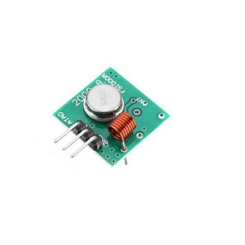 433MHz RF Transmitter Receiver Module Male Pin FS1000A - a green square circuit board with a copper coil, a silver metal component, and three output pins.