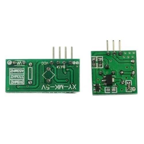 433MHz RF Transmitter Receiver Module Male Pin FS1000A - shown as two green rectangular circuit boards with visible pin connectors and printed text.