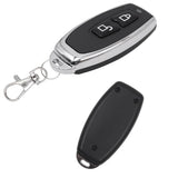 433MHz RF Wireless Remote Control Price - a black and silver remote with two buttons, a metal keychain attachment, and a view of its plain black back.